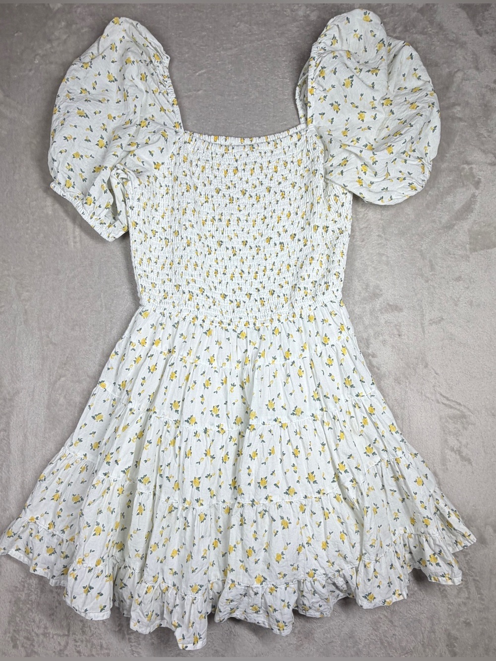 Rahi Floral Tiered Ruffle Puff Sleeve Smocked White Cottagecore Mini Dress M